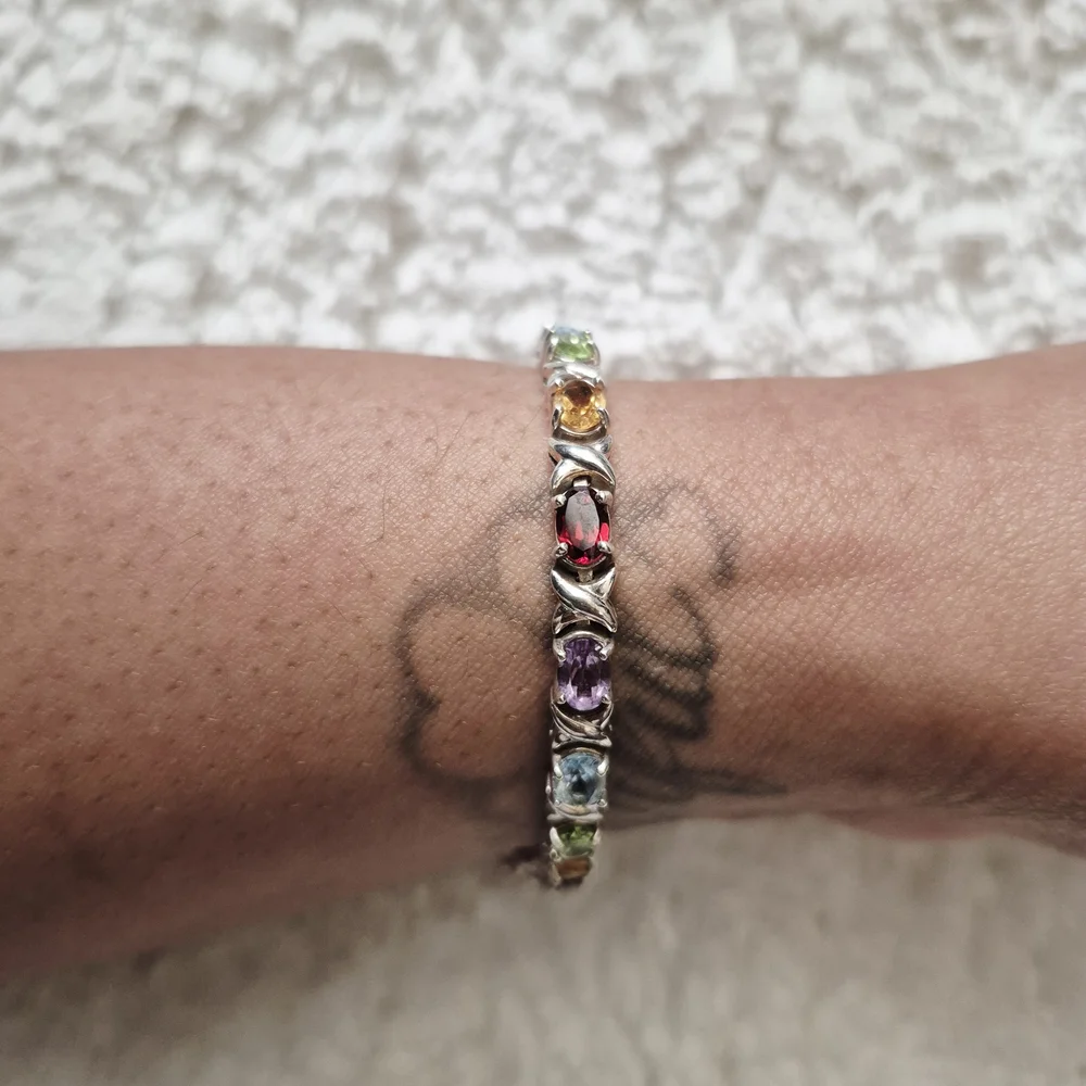 Vintage Sterling Silver XO Multi-Color Gemstone Tennis Bracelet - Picture 9 of 12
